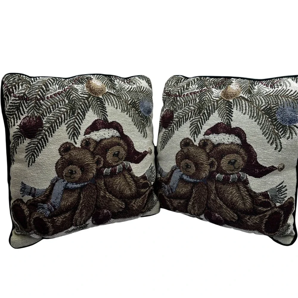 Vintage‎ Christmas Teddy Bear Woven Tapestry Throw Pillows Set of 2 Green Back